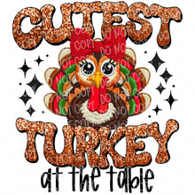 Load image into Gallery viewer, Cutest Turkey at the Table (Hat/Bow) | DTF Ready to Press or Sublimation Transfer
