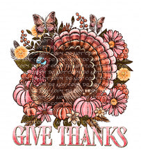 Load image into Gallery viewer, Give Thanks Floral Turkey | DTF Ready to Press or Sublimation Transfer
