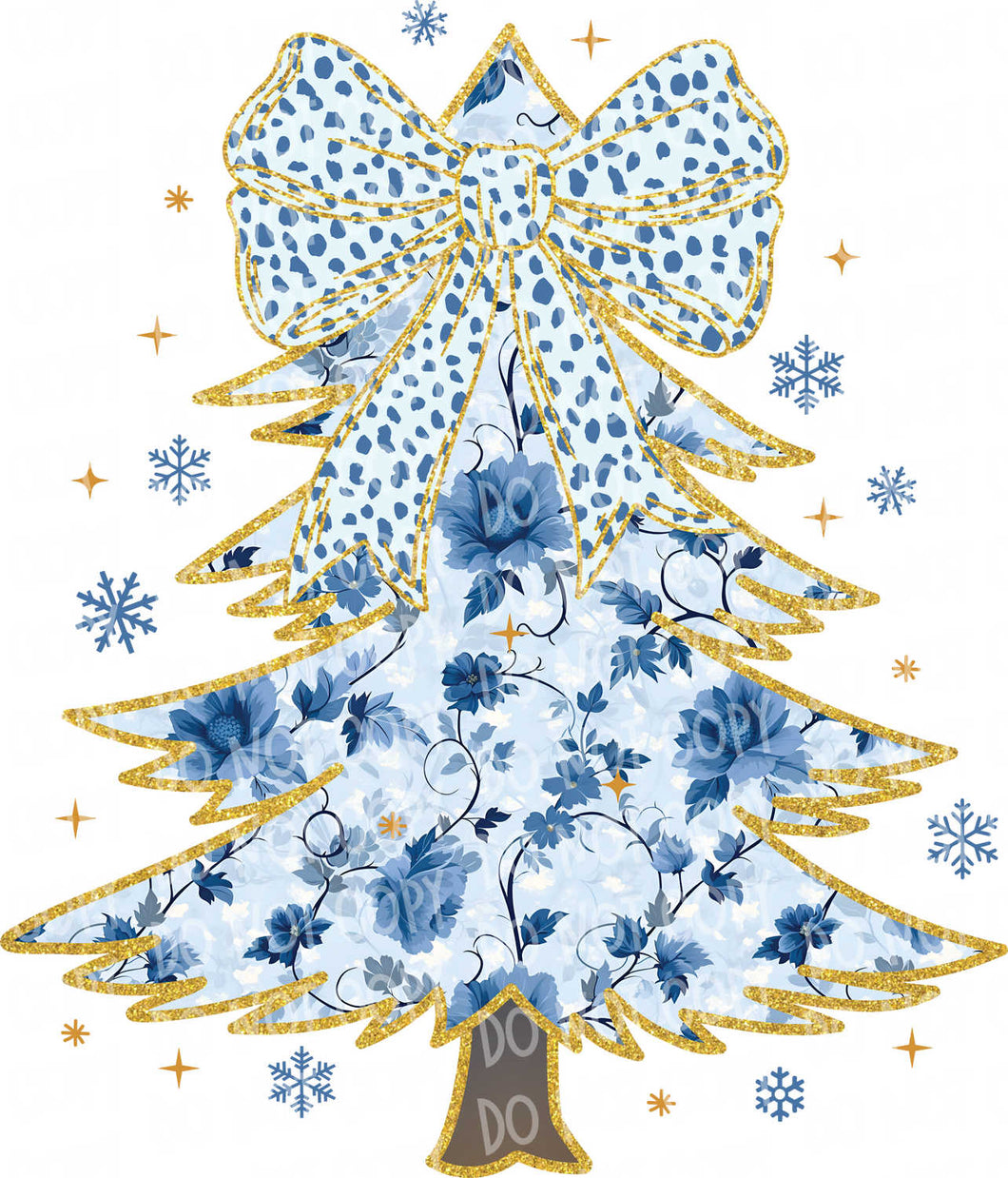 Christmas Tree Blue Floral | DTF Ready to Press or Sublimation Transfer