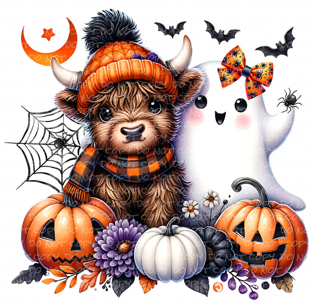 Halloween Highland Cow with Ghost | DTF Ready to Press or Sublimation Transfer