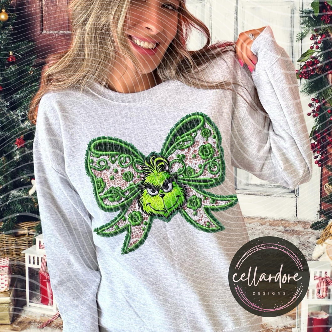 Green Christmas Bow Sweatshirt - Completed Apparel Item