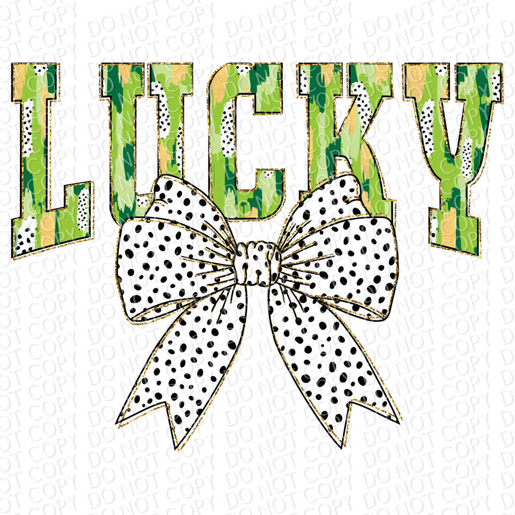 Lucky Brushstroke Varsity Letters Coquette Bow | DTF Ready to Press or Sublimation Transfer