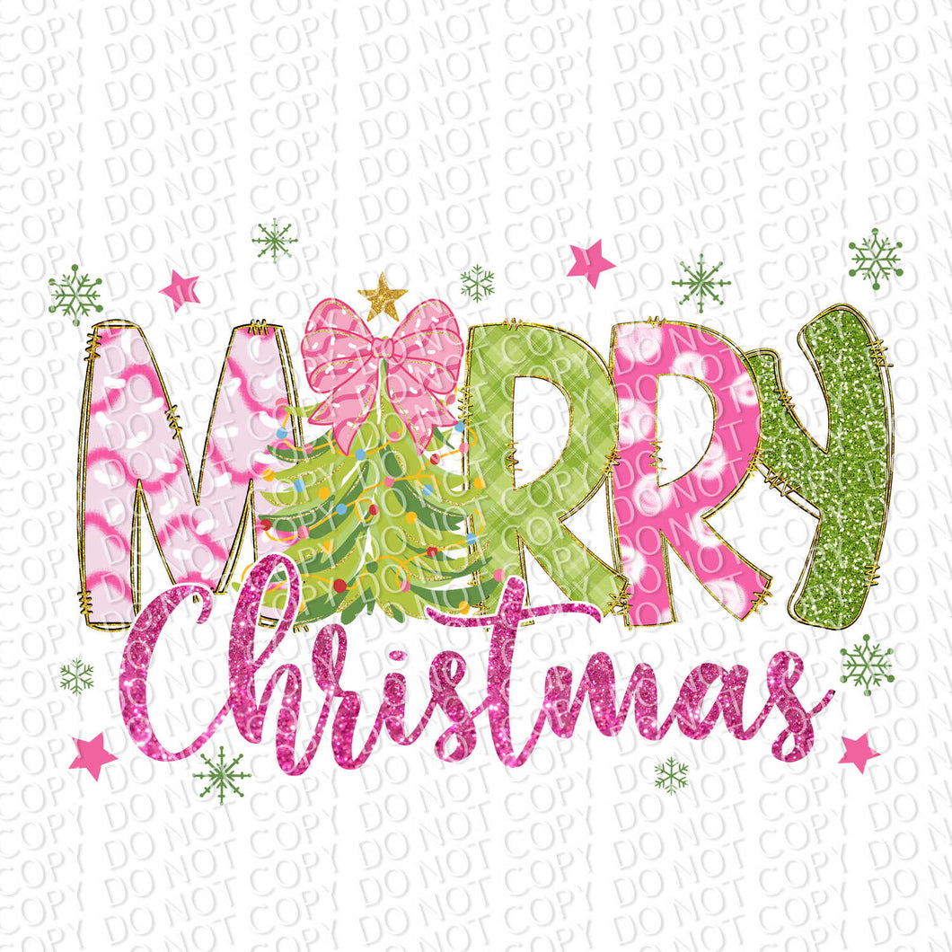 Merry Christmas Pink and Green Doodle Letters Christmas Tree | DTF Ready to Press or Sublimation Transfer