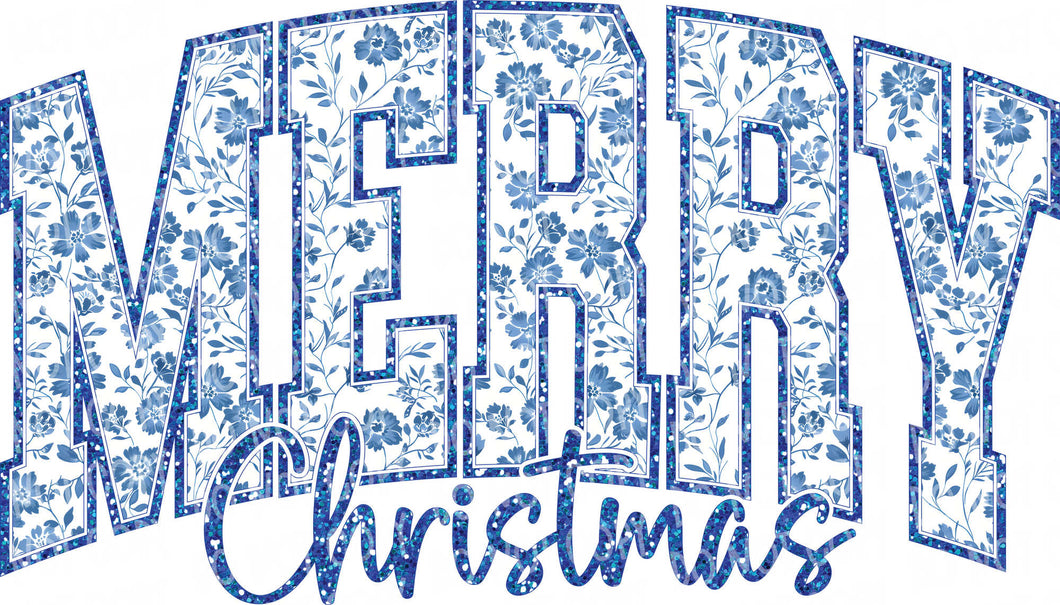 Merry Christmas Blue Glitter | DTF Ready to Press or Sublimation Transfer