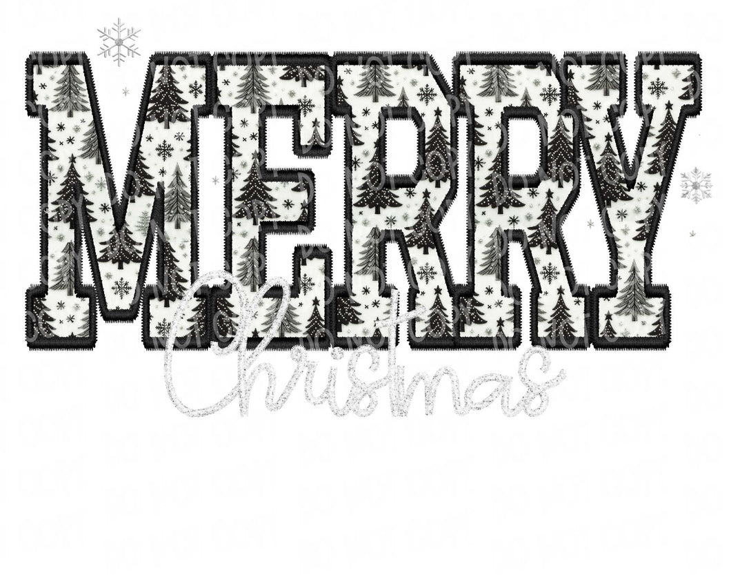 Merry Christmas Faux Patch Black and White | DTF Ready to Press Transfer