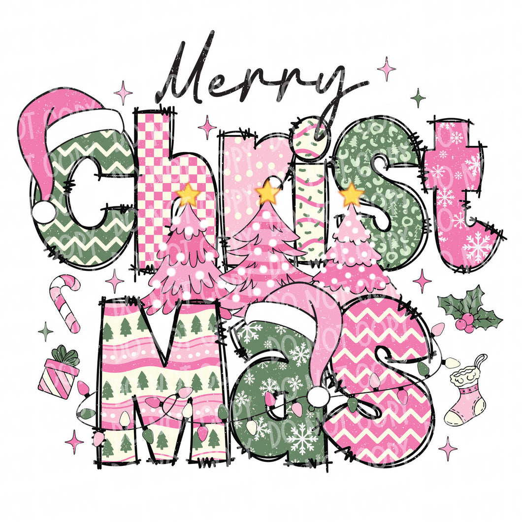 Merry Christmas Pink Green Doodle Letters | DTF Ready to Press or Sublimation Transfer