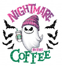 Load image into Gallery viewer, Nightmare Before Coffee Ghostie with optional pocket | DTF Ready to Press or Sublimation Transfer
