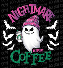 Load image into Gallery viewer, Nightmare Before Coffee Ghostie with optional pocket | DTF Ready to Press or Sublimation Transfer
