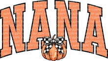 Load image into Gallery viewer, Fall Nana Varsity Letters Pumpkin Coquette Bow Checkered Print | DTF Ready to Press or Sublimation Transfer
