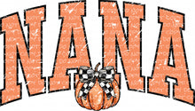 Load image into Gallery viewer, Fall Nana Varsity Letters Pumpkin Coquette Bow Checkered Print | DTF Ready to Press or Sublimation Transfer
