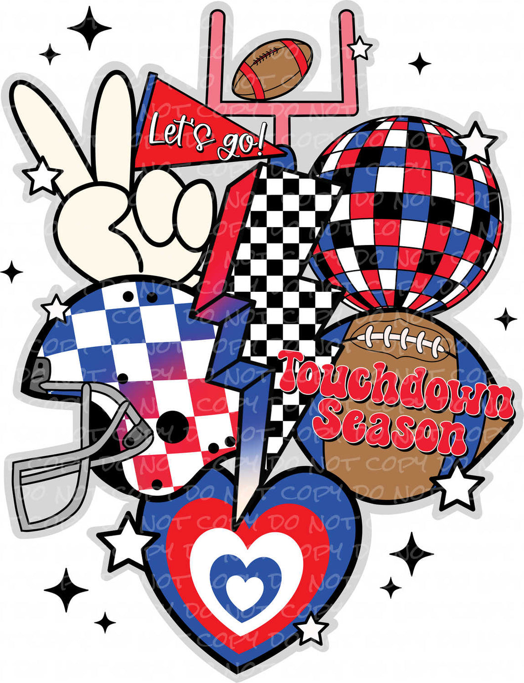 Touchdown Season Retro Football Collage Blue Red | DTF Ready to Press or Sublimation Transfer