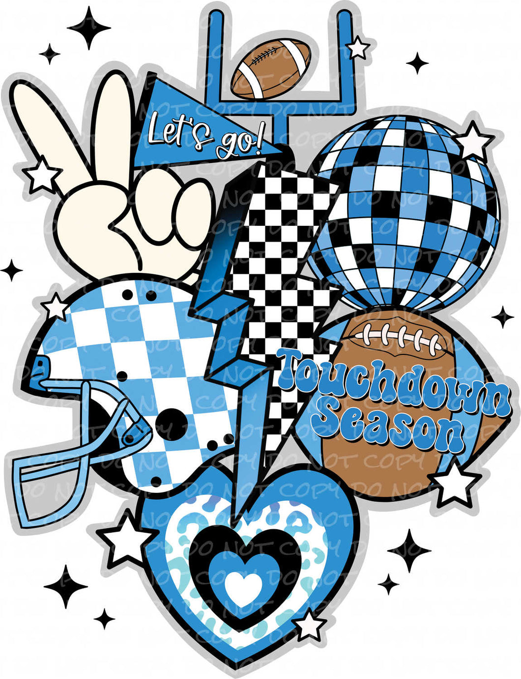 Touchdown Season Retro Football Collage Carolina Blue | DTF Ready to Press or Sublimation Transfer