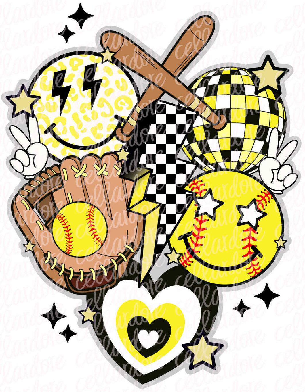 Retro Softball Collage - Black/Yellow - DTF Ready to Press or Sublimation Transfer