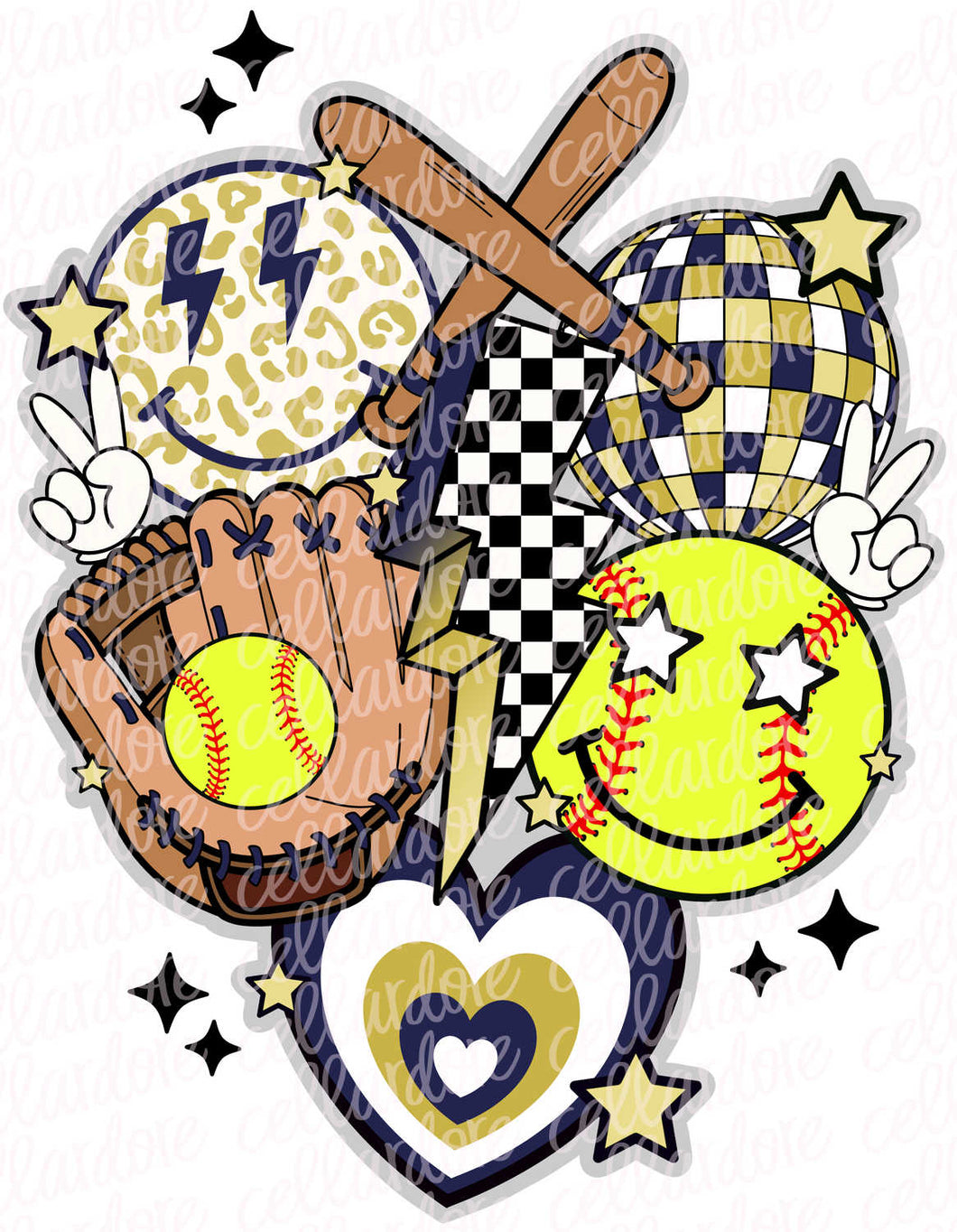 Retro Softball Collage - Blue/Gold - DTF Ready to Press or Sublimation Transfer