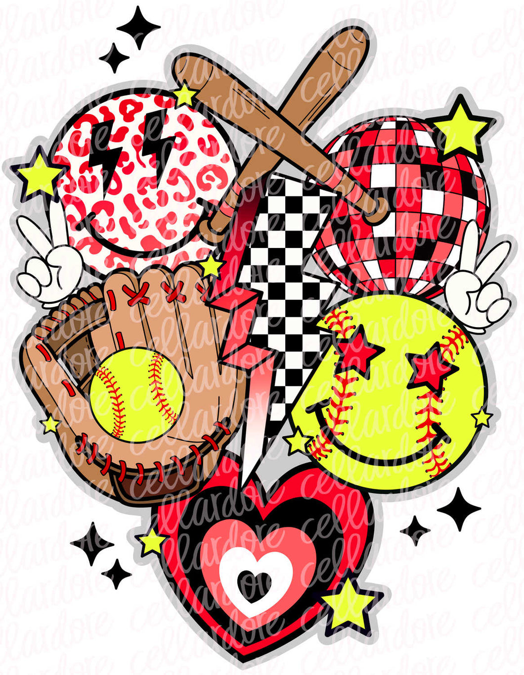 Retro Softball Collage - Red - DTF Ready to Press or Sublimation Transfer