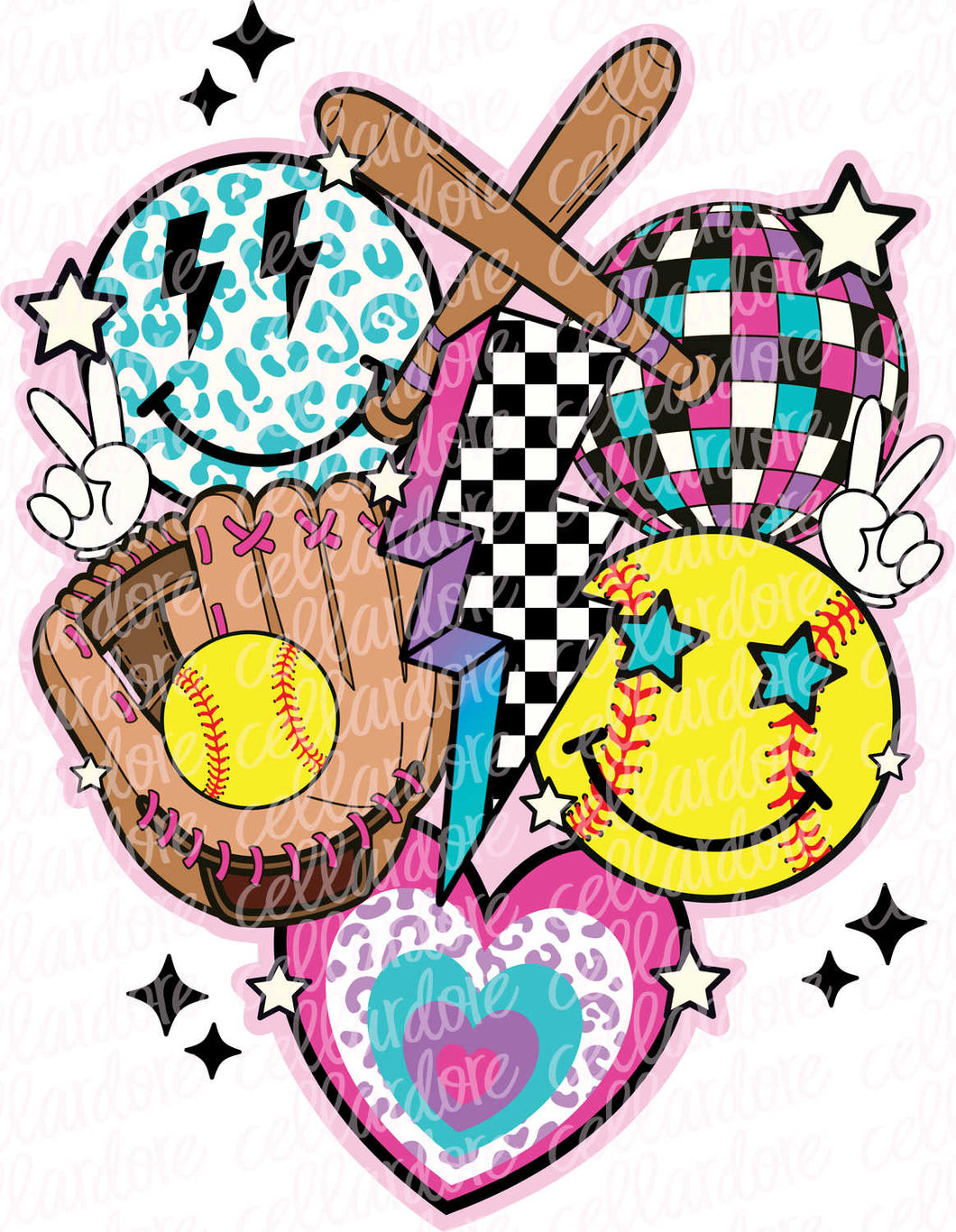 Retro Softball Collage - Pink/Purple - DTF Ready to Press or Sublimation Transfer