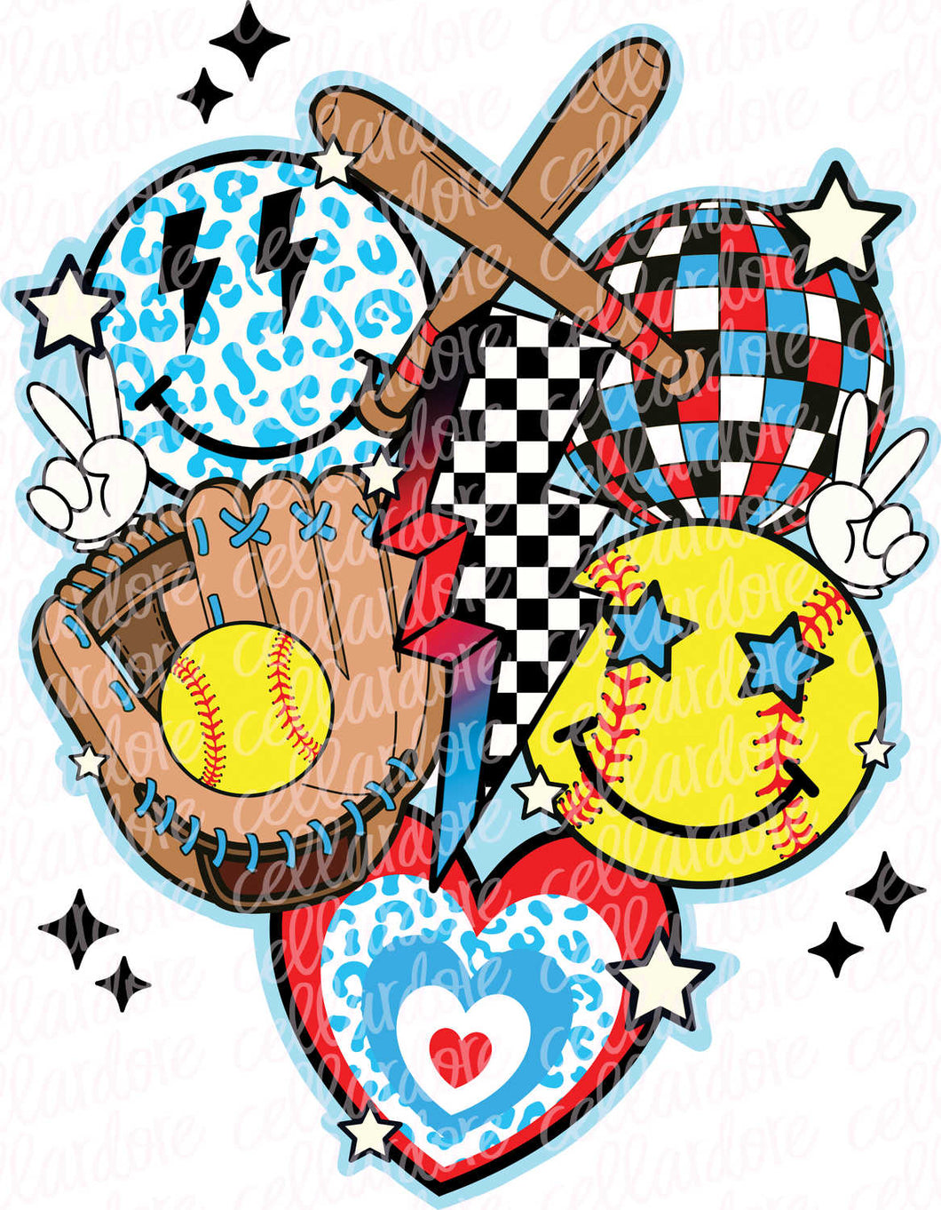 Retro Softball Collage - Light Blue - DTF Ready to Press or Sublimation Transfer