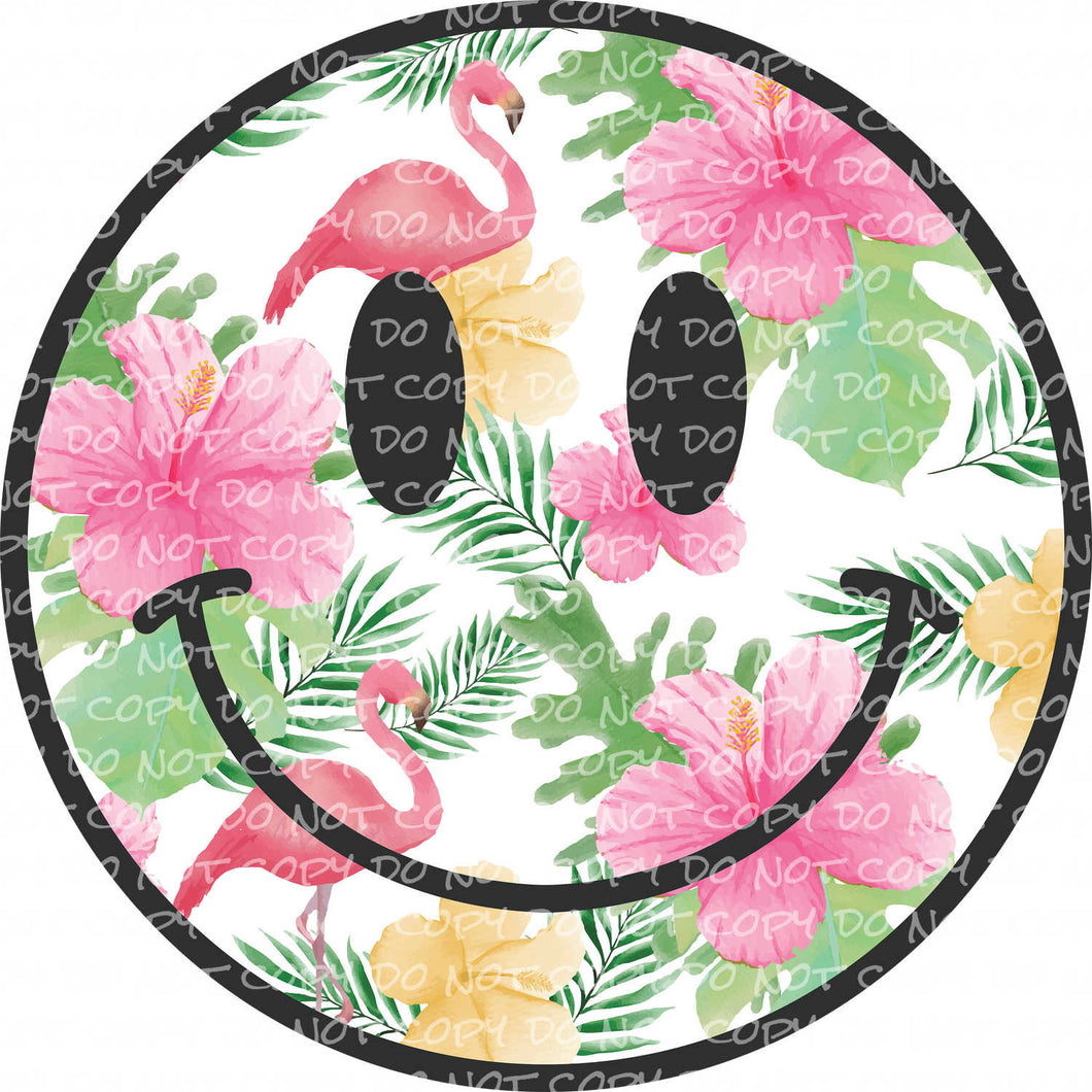 Summer Smiley Floral and Flamingo - DTF Ready to Press or Sublimation Transfer