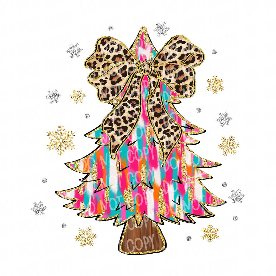 Brushstroke Christmas Tree with Leopard Bow | DTF Ready to Press or Sublimation Transfer