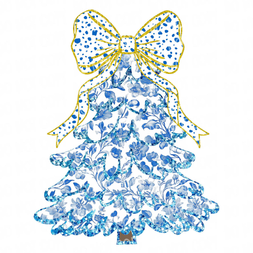 Blue Christmas Tree with Bow | DTF Ready to Press or Sublimation Transfer