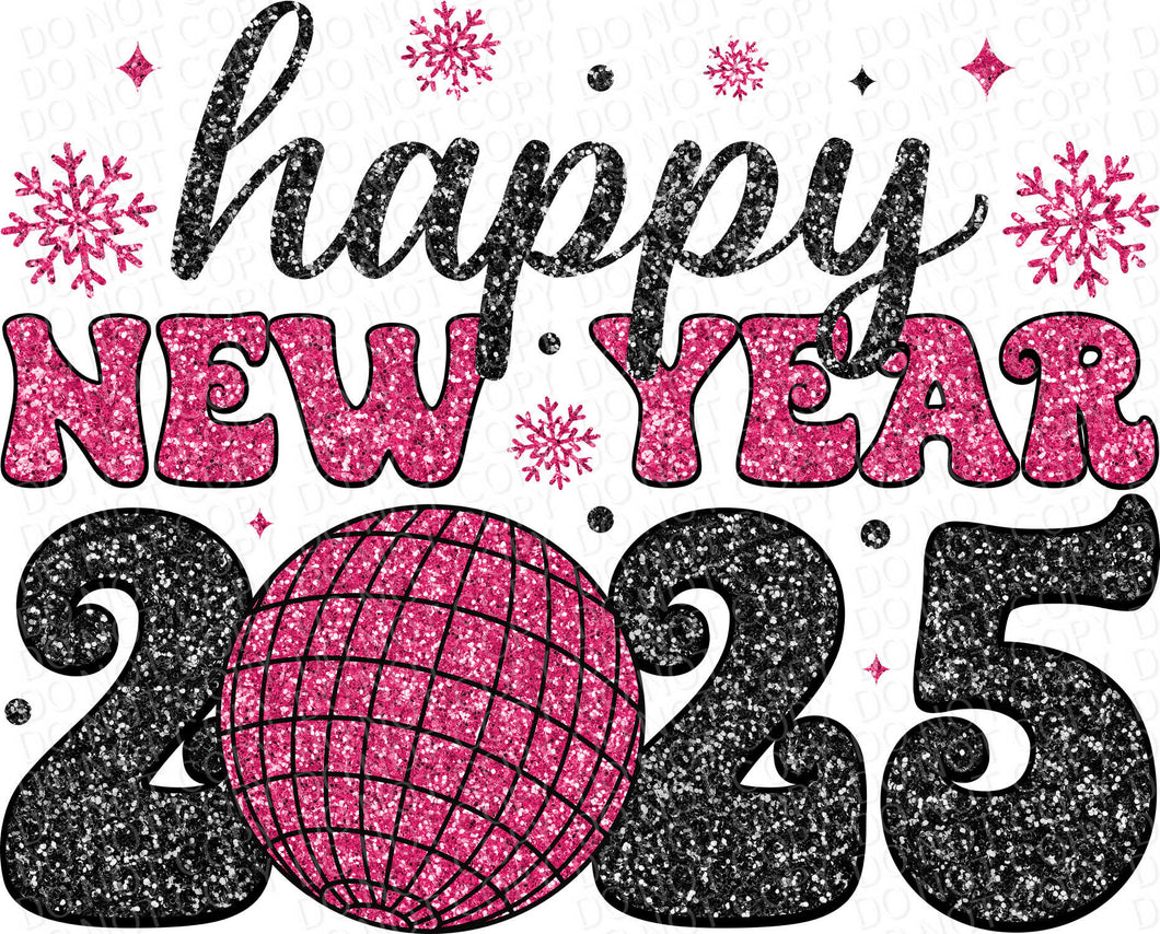 Happy New Year 2025 Pink/Black Glitter Disco Ball | DTF Ready to Press or Sublimation Transfer