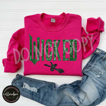 Load image into Gallery viewer, Pink or Green Wicked Faux Sequin Patch Sweatshirt  - Completed Apparel Item
