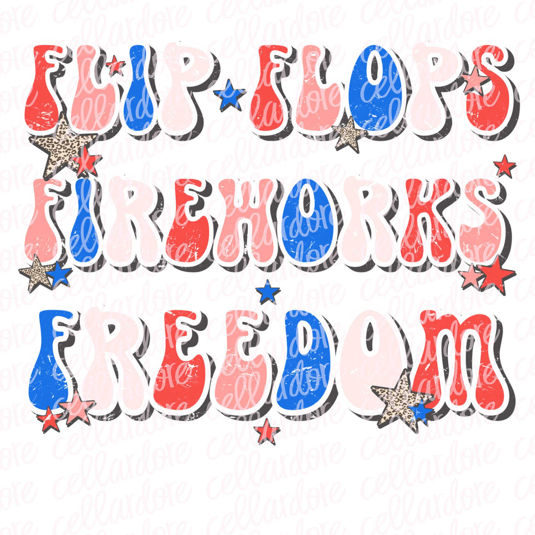 Flip Flops Fireworks Freedom - Fourth of July - Stars and Stripes - DTF Ready to Press or Sublimation Transfer