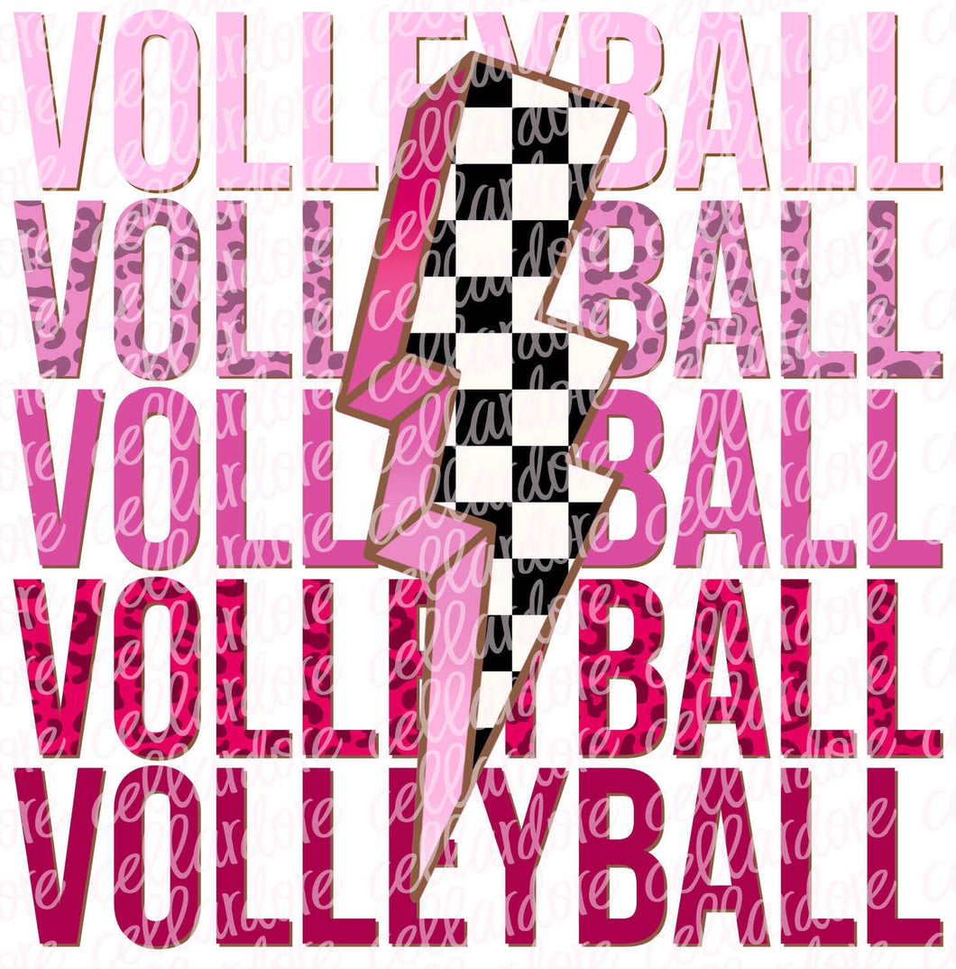 Volleyball Stacked Checkered Lightning Bolt - DTF Ready to Press or Sublimation Transfer