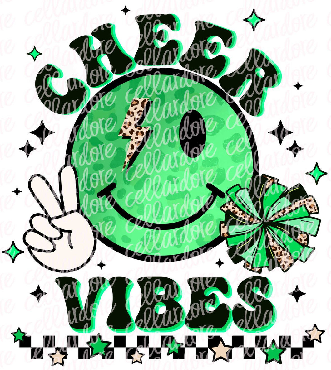 Cheer Vibes Peace Smiley Face - Green - DTF Ready to Press or Sublimation Transfer