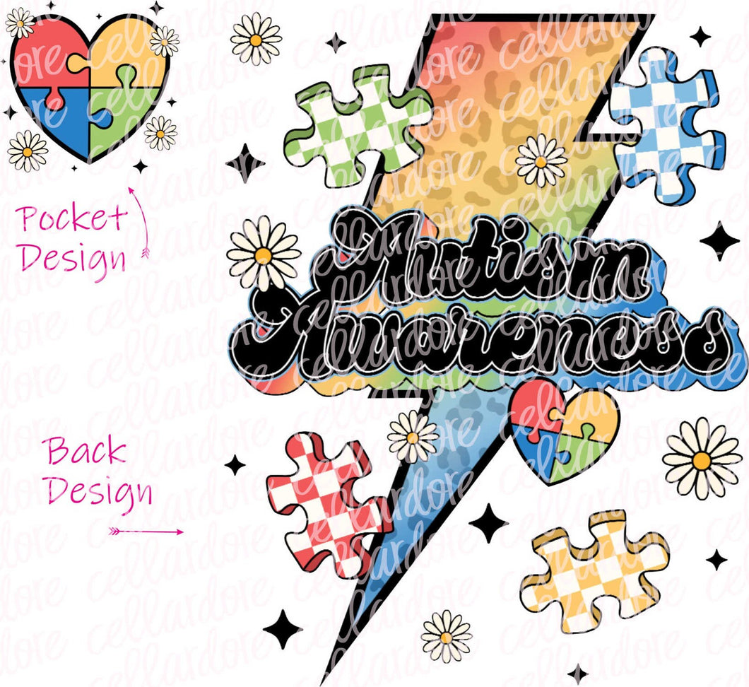 Autism Awareness Leopard Thunderbolt Pocket & Back Set - DTF Ready to Press or Sublimation Transfer