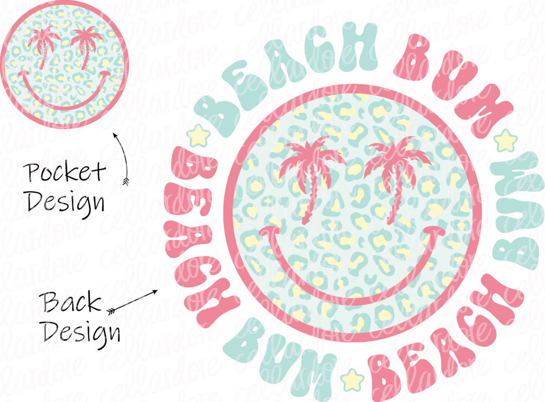 Beach Bum Palm Tree Smiley Face - Pocket and Back Design Set | DTF Ready to Press or Sublimation Transfer