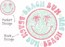 Load image into Gallery viewer, Beach Bum Palm Tree Smiley Face - Pocket and Back Design Set | DTF Ready to Press or Sublimation Transfer
