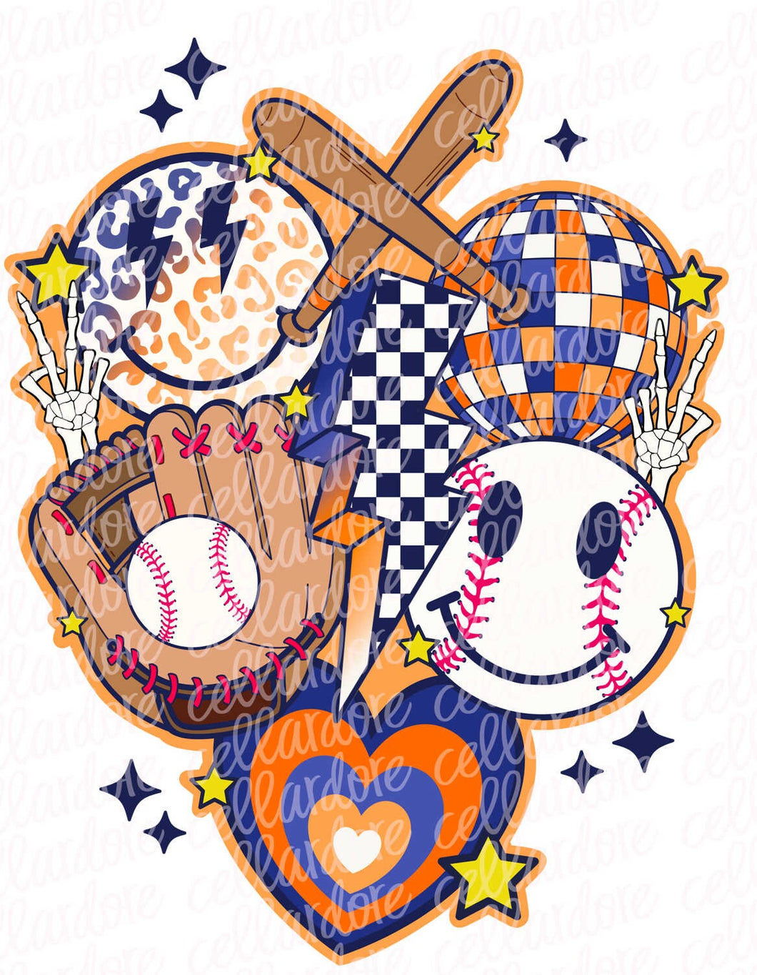 Retro Baseball Collage (Blue/Orange) - DTF Ready to Press or Sublimation Transfer