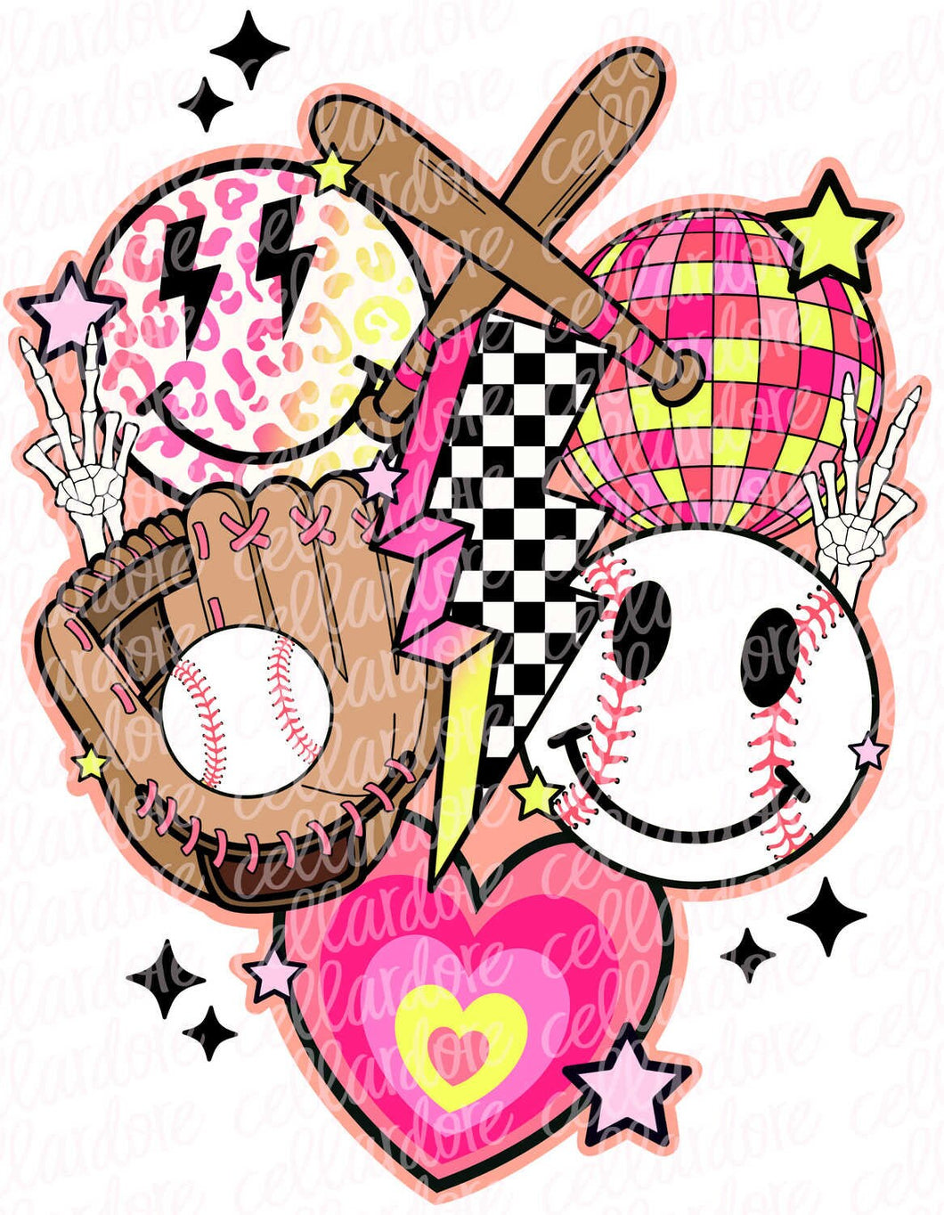 Retro Baseball Collage (Pink) - DTF Ready to Press or Sublimation Transfer