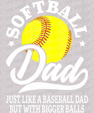 Load image into Gallery viewer, Softball Dad, Bigger Balls - DTF Ready to Press or Sublimation Transfer
