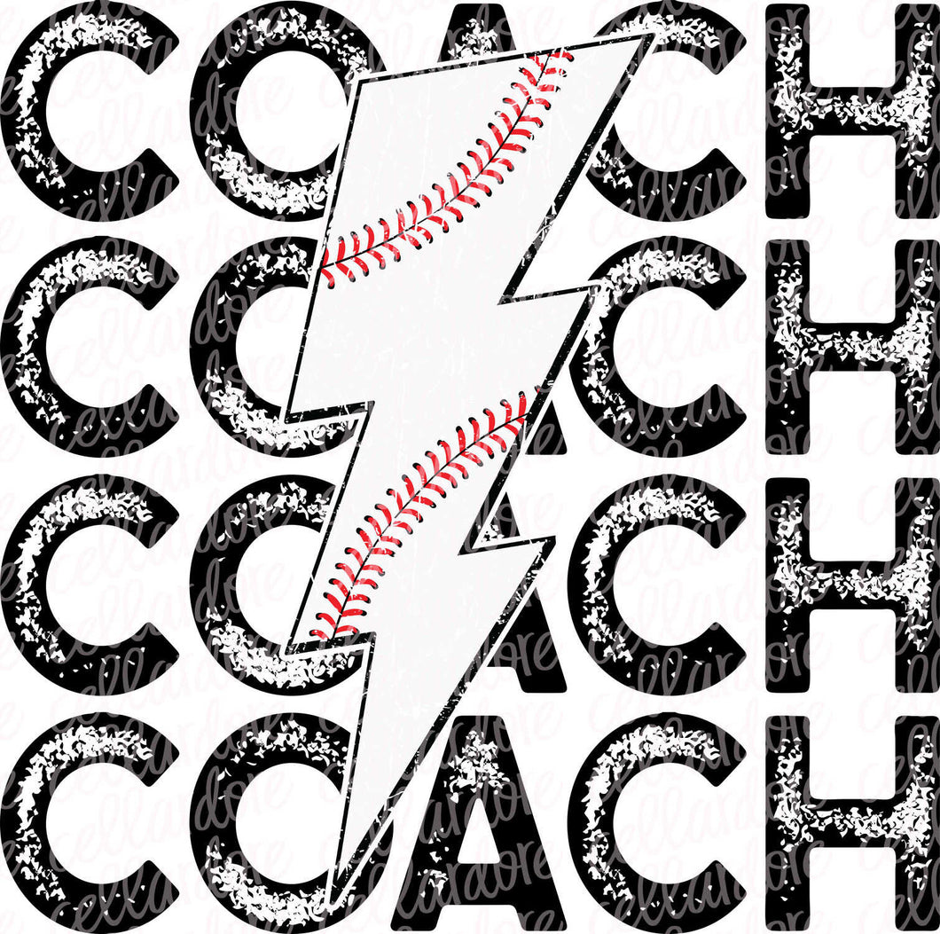 Baseball Coach Stacked Lightning Bolt - DTF Ready to Press or Sublimation Transfer