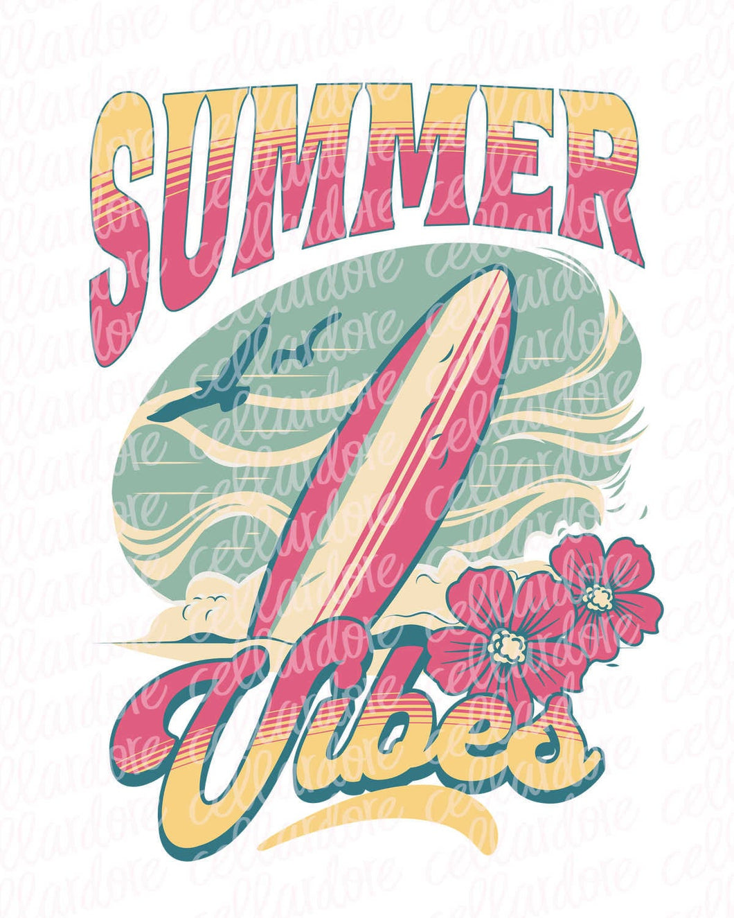 Summer Vibes Surf Board | DTF Ready to Press or Sublimation Transfer