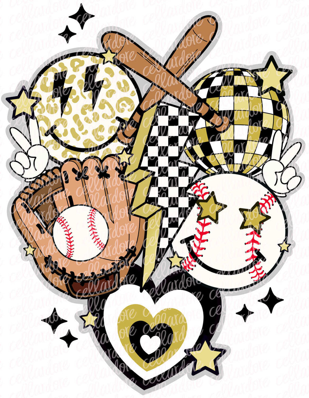 Retro Baseball Collage (Black/Gold) - DTF Ready to Press or Sublimation Transfer