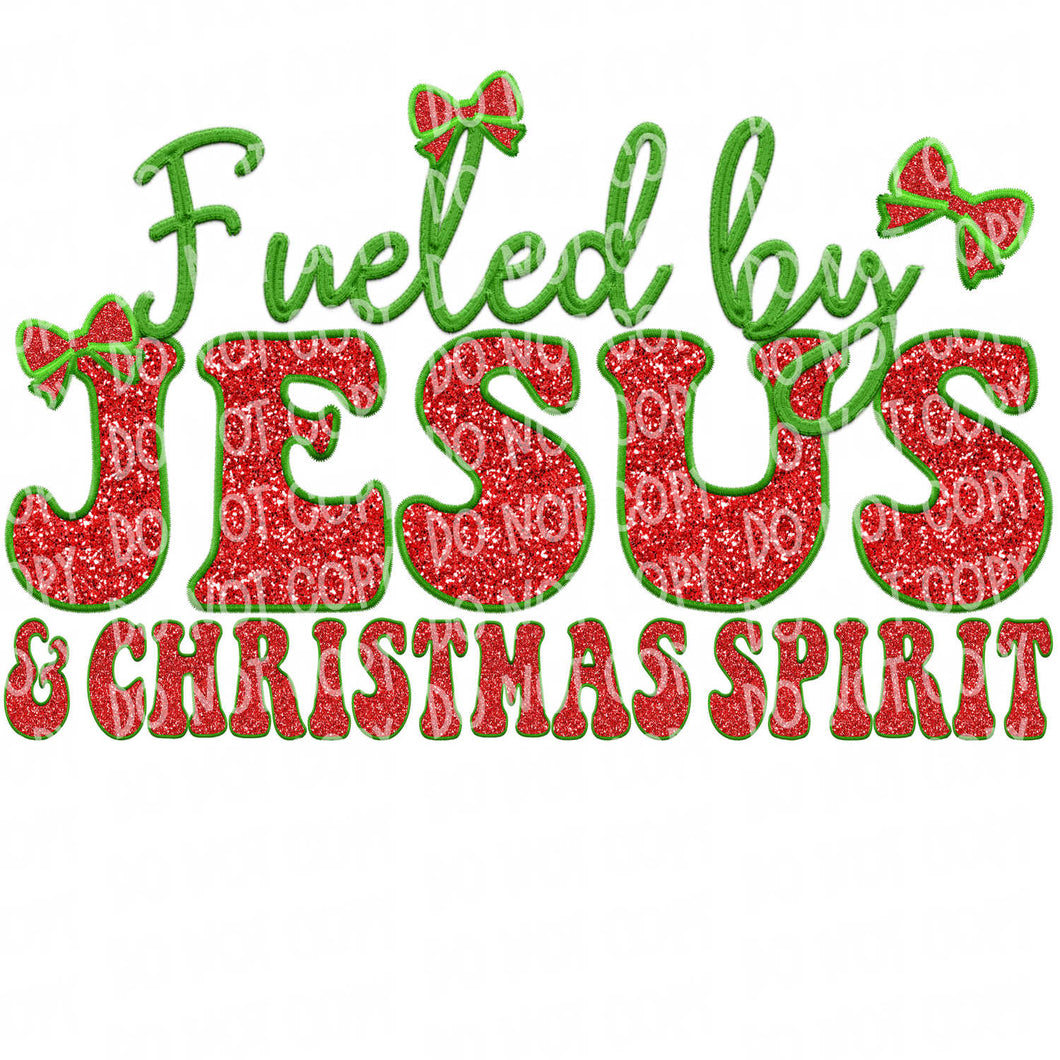 Fueled by Jesus and Christmas Spirit Faux Embroidery Patch | DTF Ready to Press or Sublimation Transfer