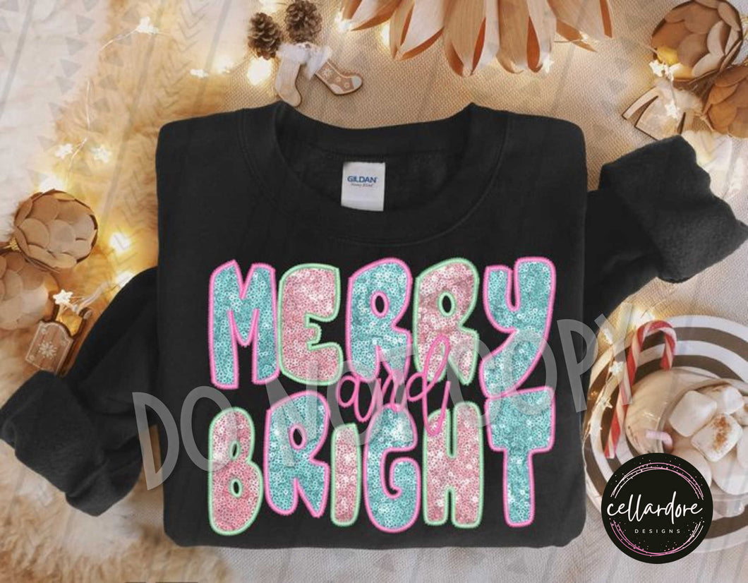 Merry and Bright Faux Embroidery Sweatshirt (Youth/Adult) - Completed Apparel Item