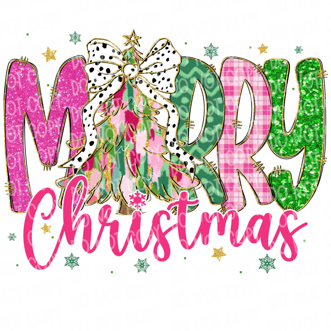 Merry Christmas Pink Green Glitter | DTF Ready to Press or Sublimation Transfer