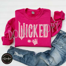 Load image into Gallery viewer, Pink or Green Wicked Faux Sequin Patch Sweatshirt  - Completed Apparel Item
