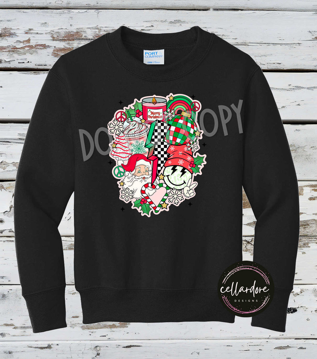 Retro Red/Green Christmas Collage Sweatshirt (Youth & Adult) - Completed Apparel Item