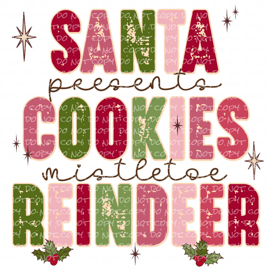 Santa Presents Cookies Mistletoe Reindeer | DTF Ready to Press or Sublimation Transfer