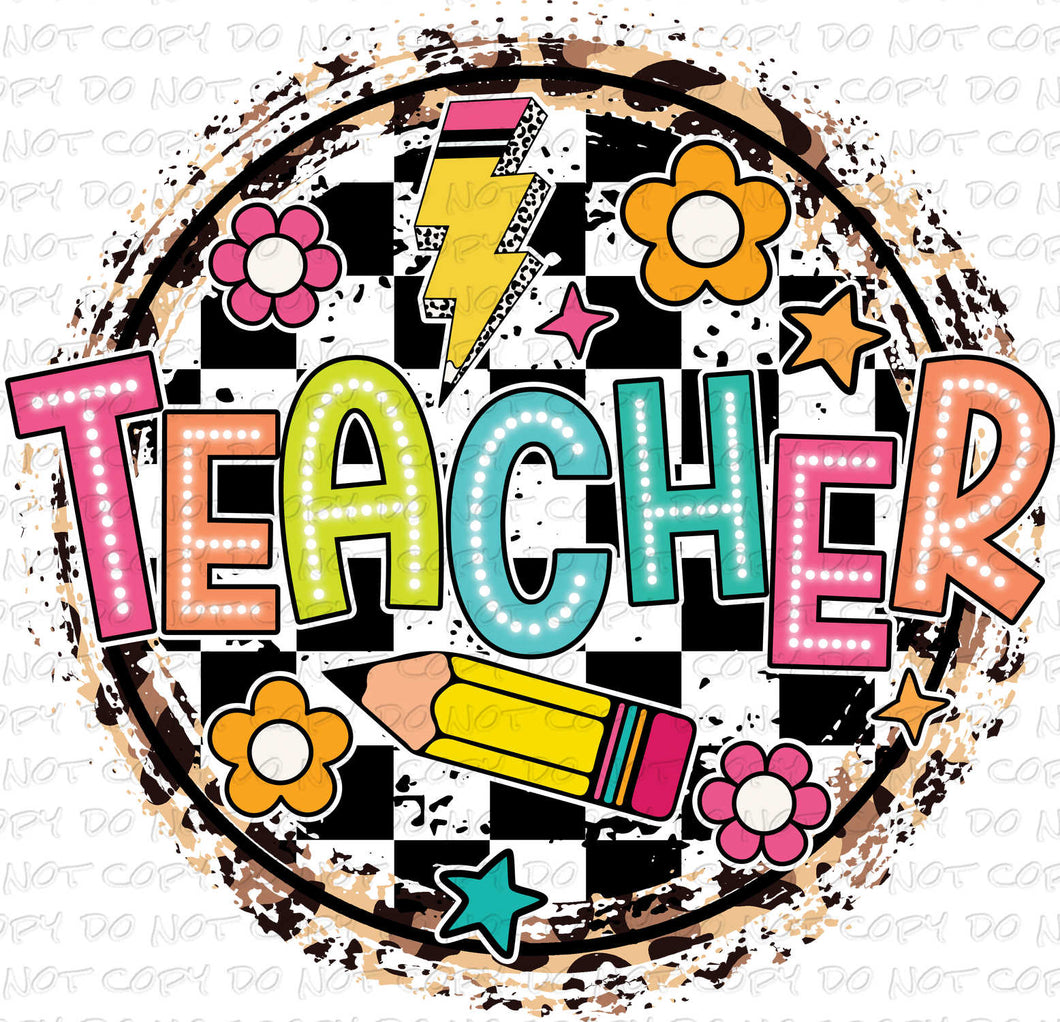 Teacher Leopard Checkered Circle | DTF Ready to Press or Sublimation Transfer