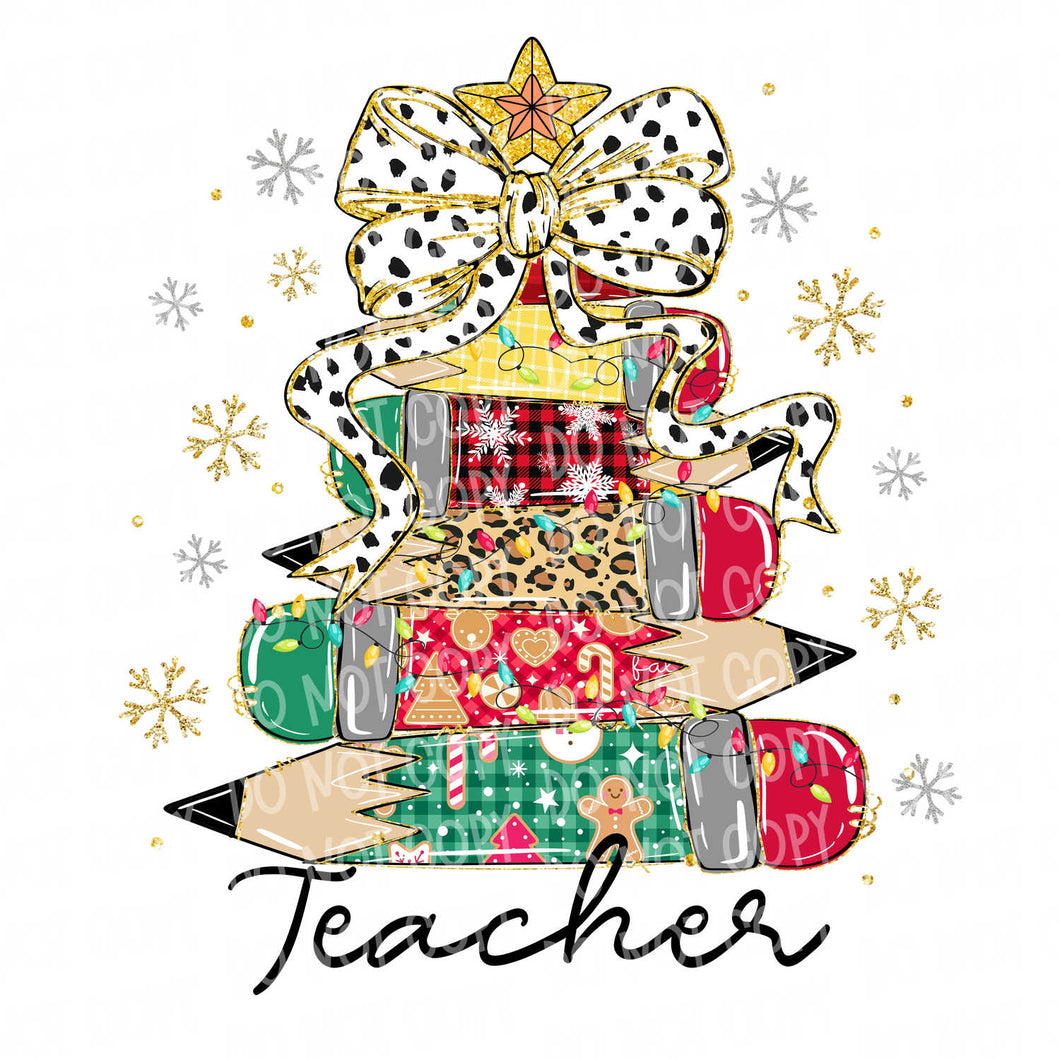 Teacher Pencil Christmas Tree | DTF Ready to Press or Sublimation Transfer