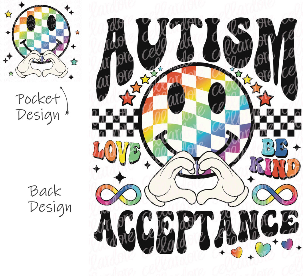 Autism Acceptance Checkered Print Smiley - Pocket and Back Set | DTF Ready to Press or Sublimation Transfer